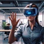 Oficina moderna con tecnología avanzada de realidad virtual en un entorno corporativo