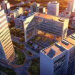 Vista aérea de un moderno complejo de oficinas en Montevideo al amanecer