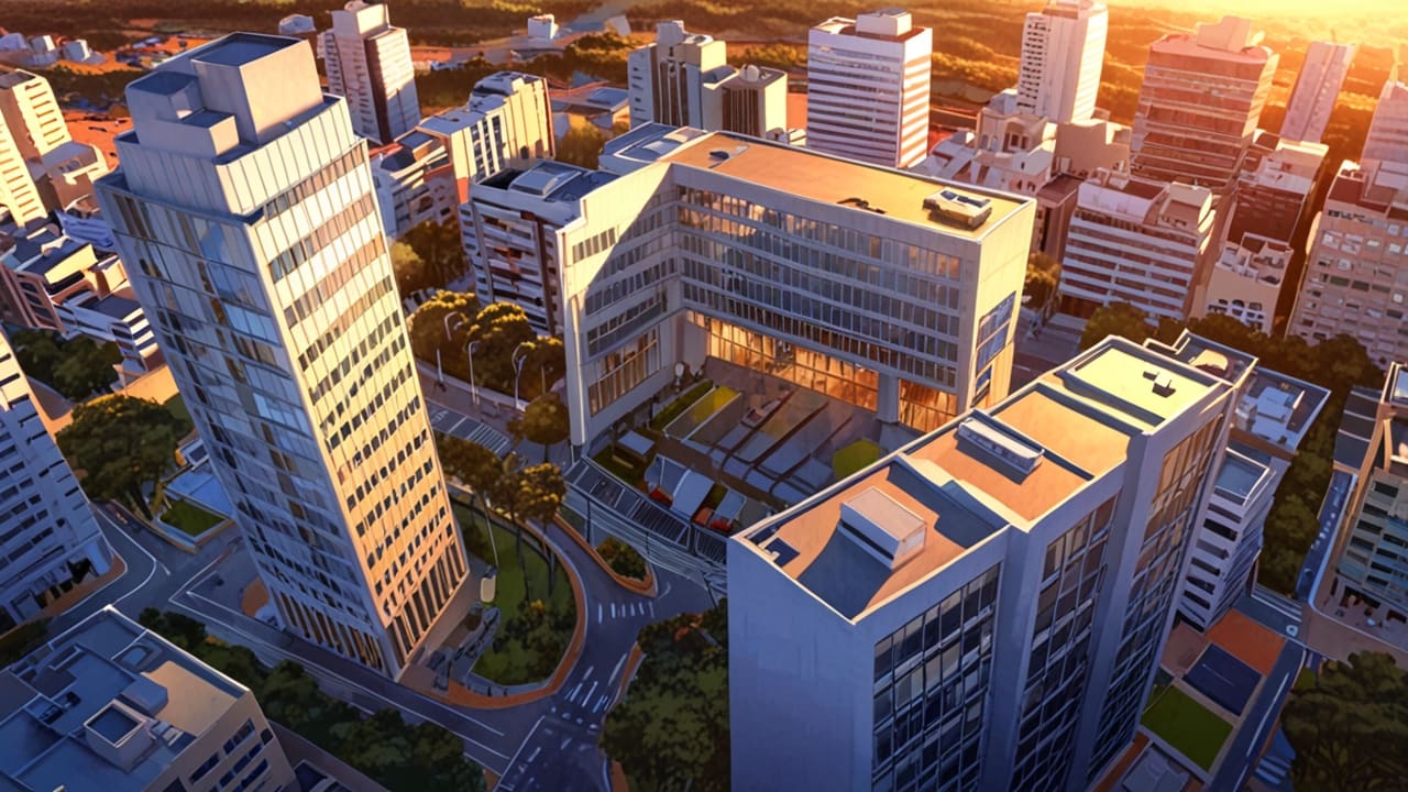 Vista aérea de un moderno complejo de oficinas en Montevideo al amanecer