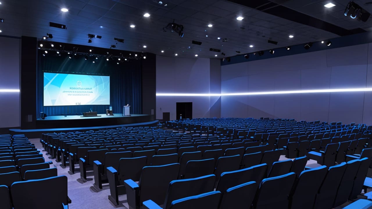 Escena moderna de un evento tecnológico con presentaciones digitales en un auditorio