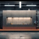 Impresora 3D de gran formato en un moderno estudio de diseño industrial con concreto y planos arquitectónicos