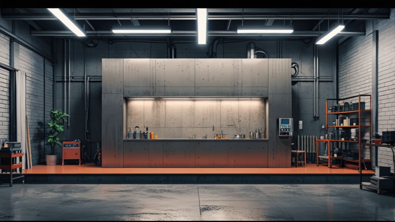 Impresora 3D de gran formato en un moderno estudio de diseño industrial con concreto y planos arquitectónicos