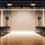 Moderno centro de conferencias con decoración tecnológica, luces LED y asistentes reunidos en mesas redondas
