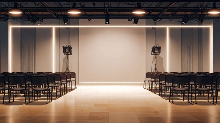 Moderno centro de conferencias con decoración tecnológica, luces LED y asistentes reunidos en mesas redondas