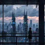 Vista de una ciudad inteligente con edificios modernos y tecnología integrada durante el día.