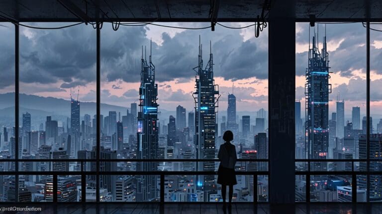 Vista de una ciudad inteligente con edificios modernos y tecnología integrada durante el día.