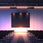 Moderno centro de conferencias iluminado con pantallas digitales al anochecer