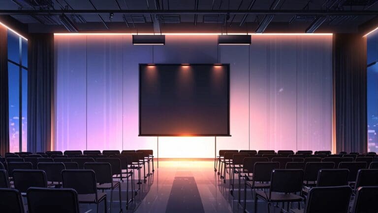 Moderno centro de conferencias iluminado con pantallas digitales al anochecer