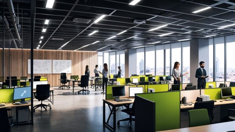 Oficinas modernas con equipos tecnológicos y pantallas innovadoras en Madrid.