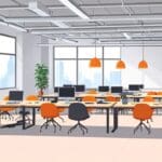 Primer plano de un moderno centro de coworking con oficinas minimalistas y tecnología avanzada