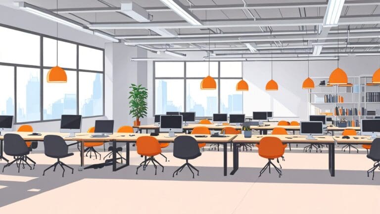 Primer plano de un moderno centro de coworking con oficinas minimalistas y tecnología avanzada