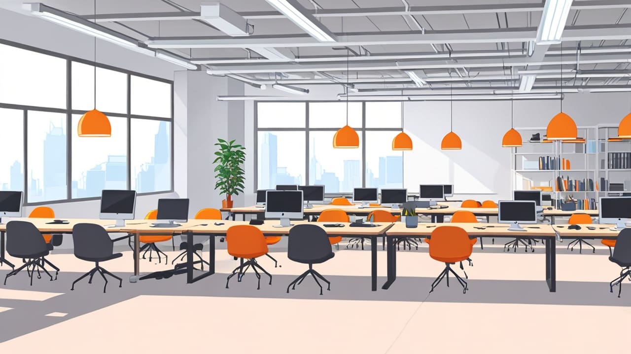 Primer plano de un moderno centro de coworking con oficinas minimalistas y tecnología avanzada