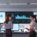 Oficina moderna con equipo tecnológico y pantallas mostrando datos financieros