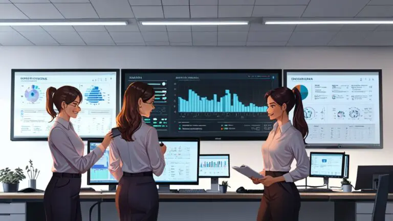 Oficina moderna con equipo tecnológico y pantallas mostrando datos financieros