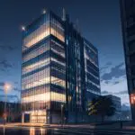 Edificio moderno de una startup tecnológica con luces de ciudad al anochecer