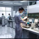 Laboratorio tecnológico con ingenieros trabajando en cámaras de seguridad y pantallas de datos