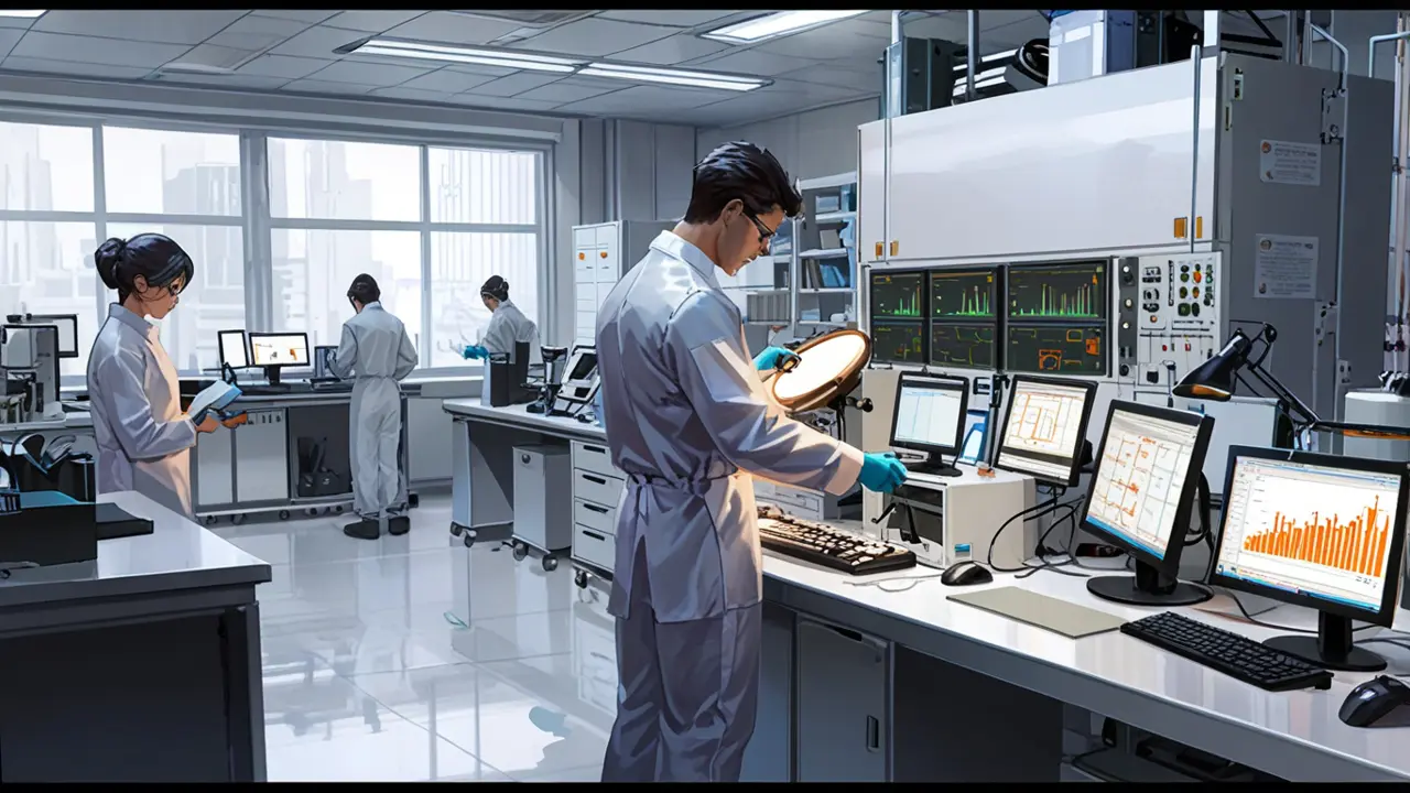 Laboratorio tecnológico con ingenieros trabajando en cámaras de seguridad y pantallas de datos