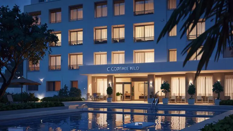 Imagen de un moderno hotel sostenible rodeado de vegetación exuberante al atardecer.