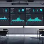 Sala de juntas moderna con pantallas digitales mostrando gráficos y datos