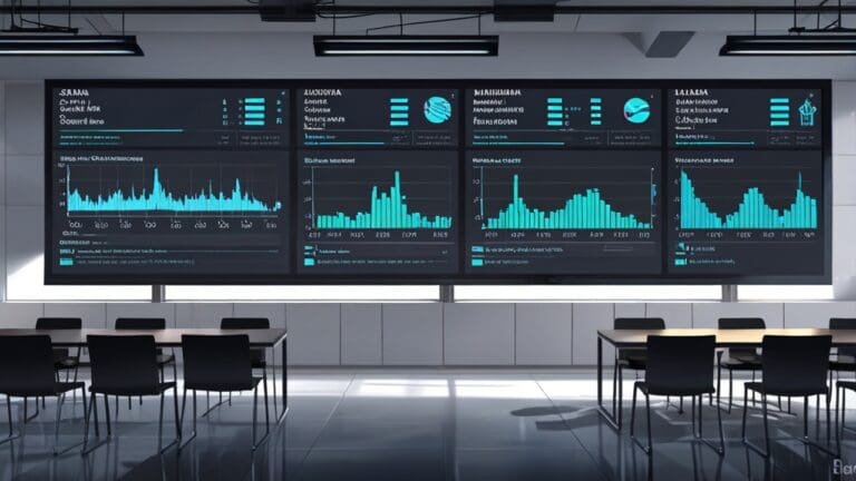 Sala de juntas moderna con pantallas digitales mostrando gráficos y datos