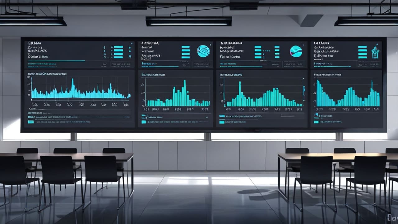 Sala de juntas moderna con pantallas digitales mostrando gráficos y datos