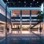 Interior moderno de un centro comercial con elementos sostenibles y tecnológicos