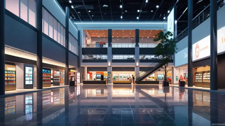 Interior moderno de un centro comercial con elementos sostenibles y tecnológicos