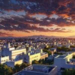Vista panorámica urbana de edificios tecnológicos modernos en Córdoba al amanecer