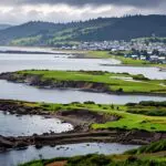 Paisaje costero de Chiloé con modernas oficinas al fondo