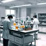 Laboratorio de biotecnología moderna con equipo de investigación y muestras de materiales sostenibles.