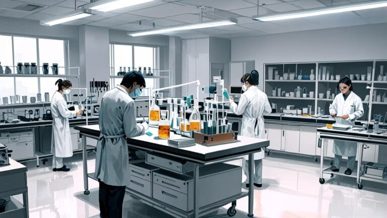 Laboratorio de biotecnología moderna con equipo de investigación y muestras de materiales sostenibles.