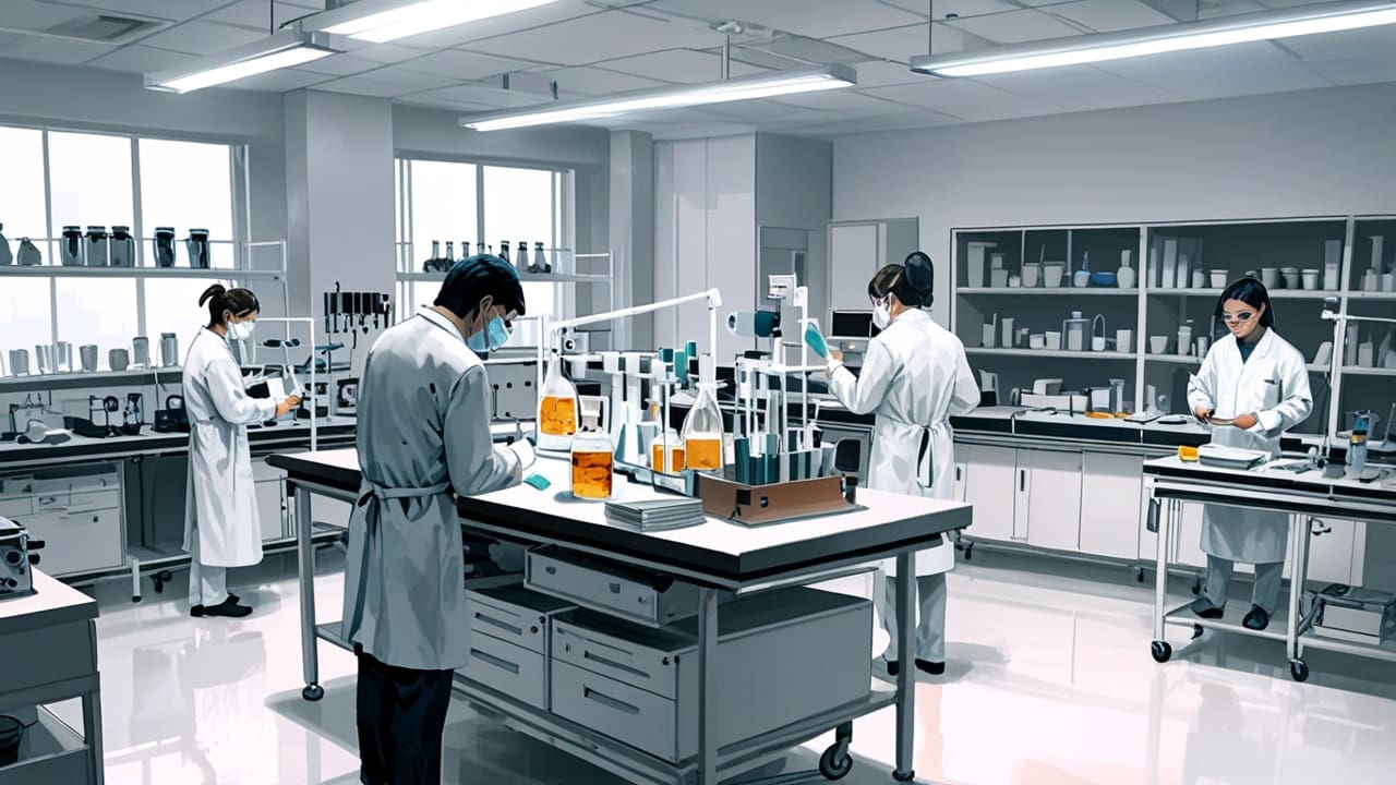 Laboratorio de biotecnología moderna con equipo de investigación y muestras de materiales sostenibles.