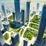 Vista aérea de una ciudad innovadora con áreas verdes intercaladas y edificios modernos