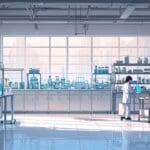 Primer plano de un laboratorio moderno con equipos biotecnológicos y pantallas digitales