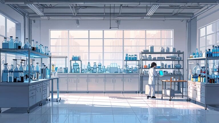 Primer plano de un laboratorio moderno con equipos biotecnológicos y pantallas digitales