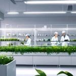 Laboratorio de biotecnología con equipo moderno y muestras de plantas naturales