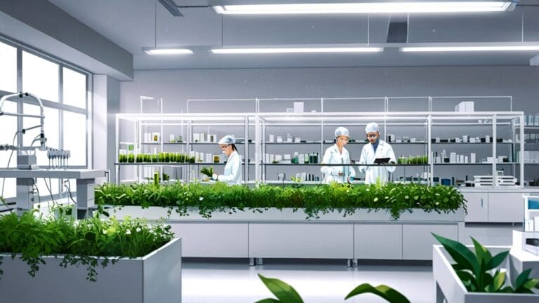 Laboratorio de biotecnología con equipo moderno y muestras de plantas naturales
