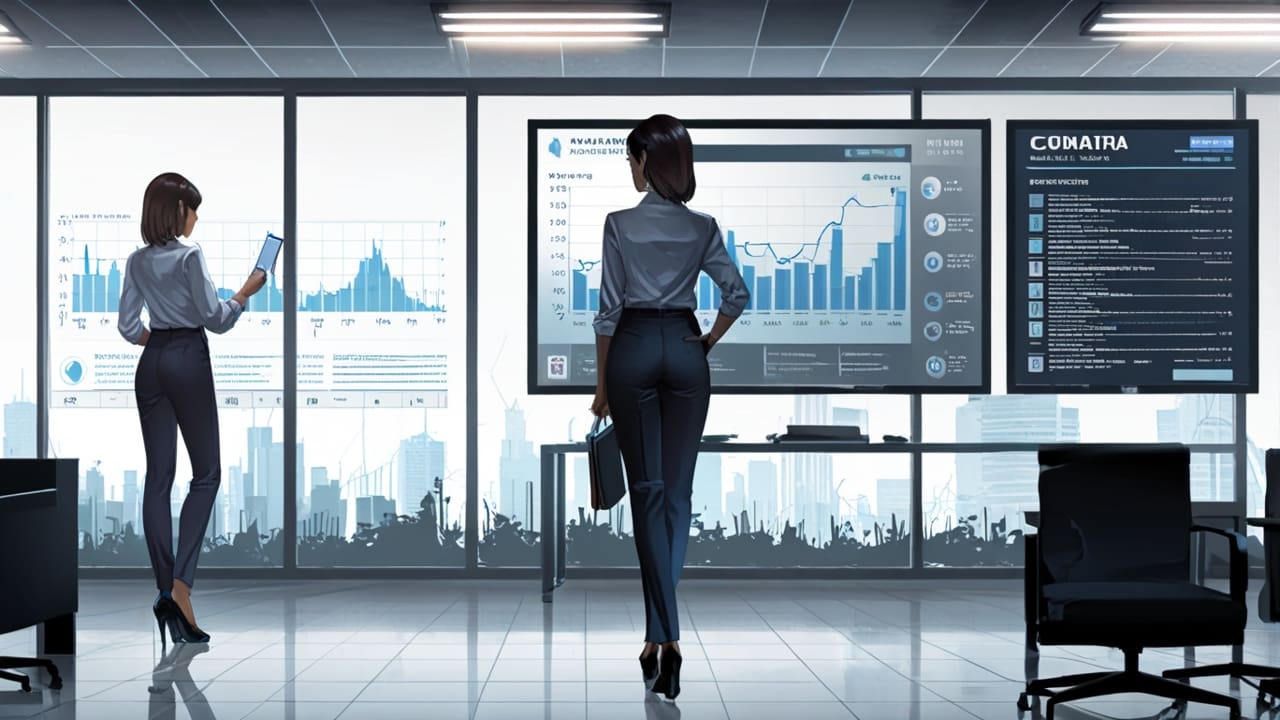 Oficina moderna con pantallas digitales mostrando gráficos empresariales