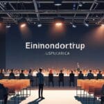 Espacio moderno de conferencias con asistentes y stands de startups innovadoras