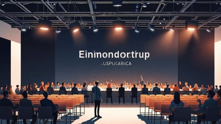 Espacio moderno de conferencias con asistentes y stands de startups innovadoras