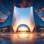 Centro de convenciones moderno en Chihuahua al atardecer con cielo despejado