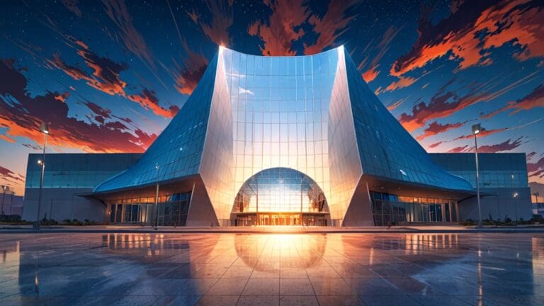 Centro de convenciones moderno en Chihuahua al atardecer con cielo despejado
