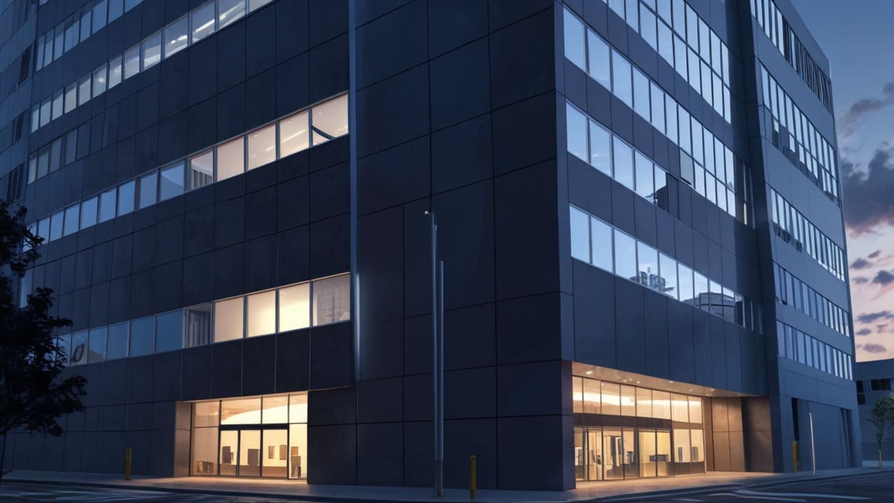 Edificios corporativos modernos con luces encendidas al anochecer