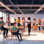 Jóvenes emprendedores colaborando en un moderno espacio de coworking