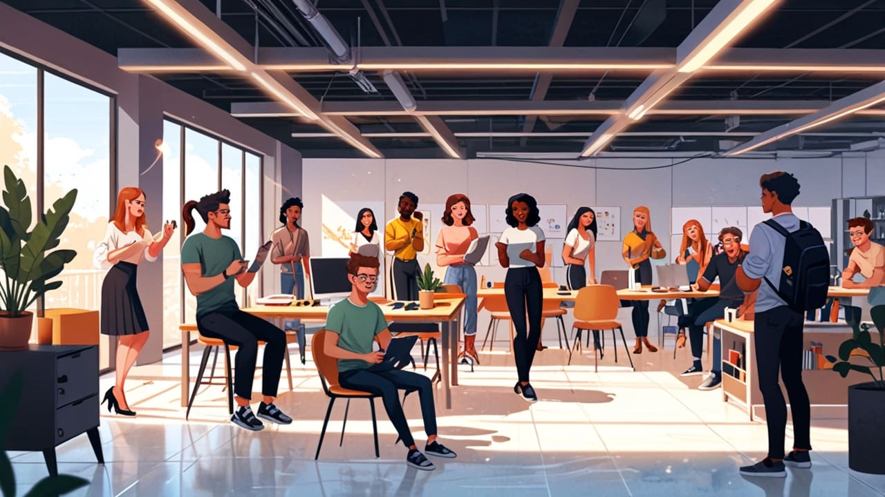 Jóvenes emprendedores colaborando en un moderno espacio de coworking