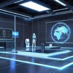 Interior de un moderno estudio de innovación con hologramas y pantallas digitales