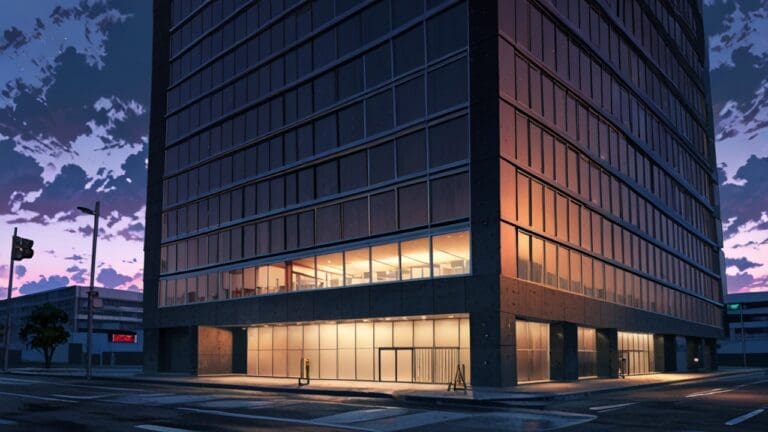 Edificio moderno de tecnología en ciudad latinoamericana al anochecer