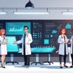 Oficina moderna de startup tecnológica con elementos médicos innovadores