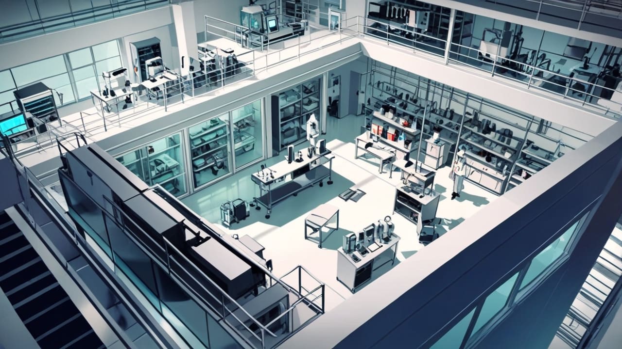 Vista aérea de un moderno laboratorio de biotecnología al mediodía