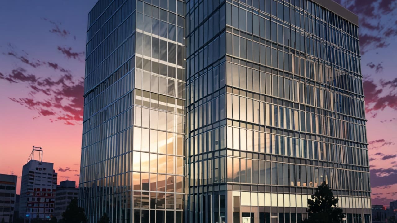 Edificio de oficinas modernas en Madrid con enfoque tecnológico y entorno innovador al atardecer.
